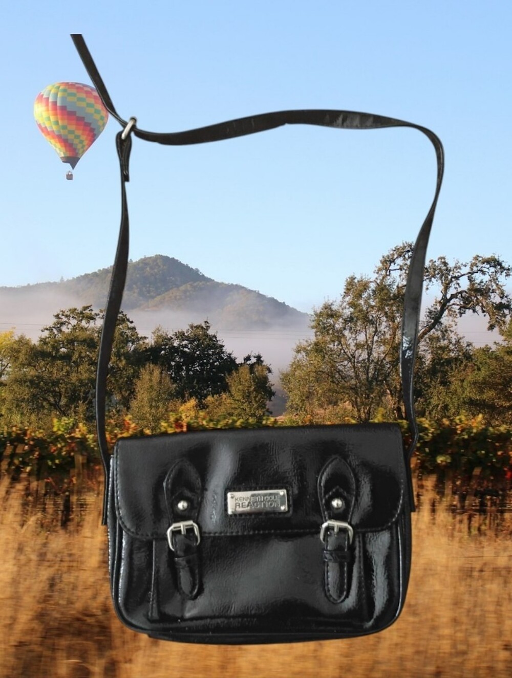 Kenneth Cole Reaction Black Patent Crossbody with Buckle Accents